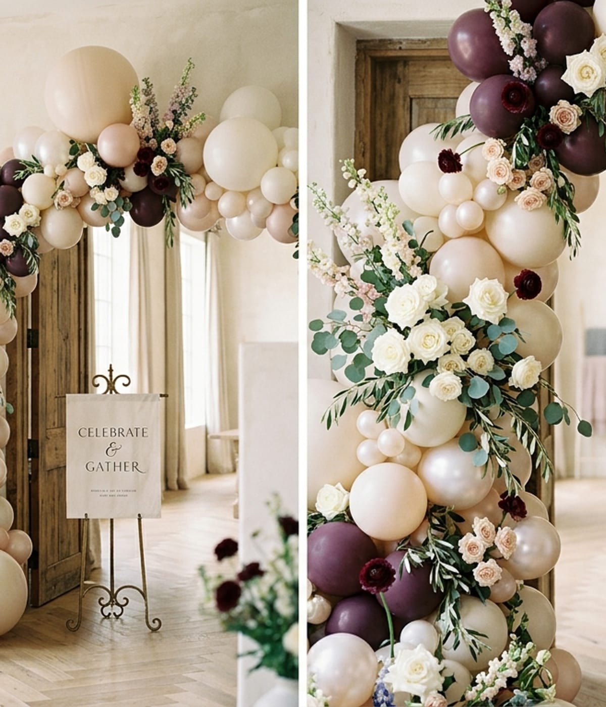 Organic balloon arch with fresh florals in cream, blush, and plum tones